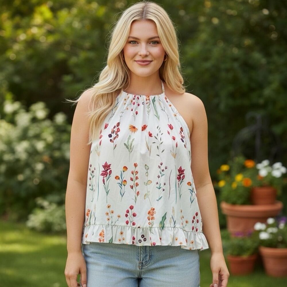 Sizzle Women's Floral Halter Neck Tank Top Multicolor Cute & Flirty Size 2X
